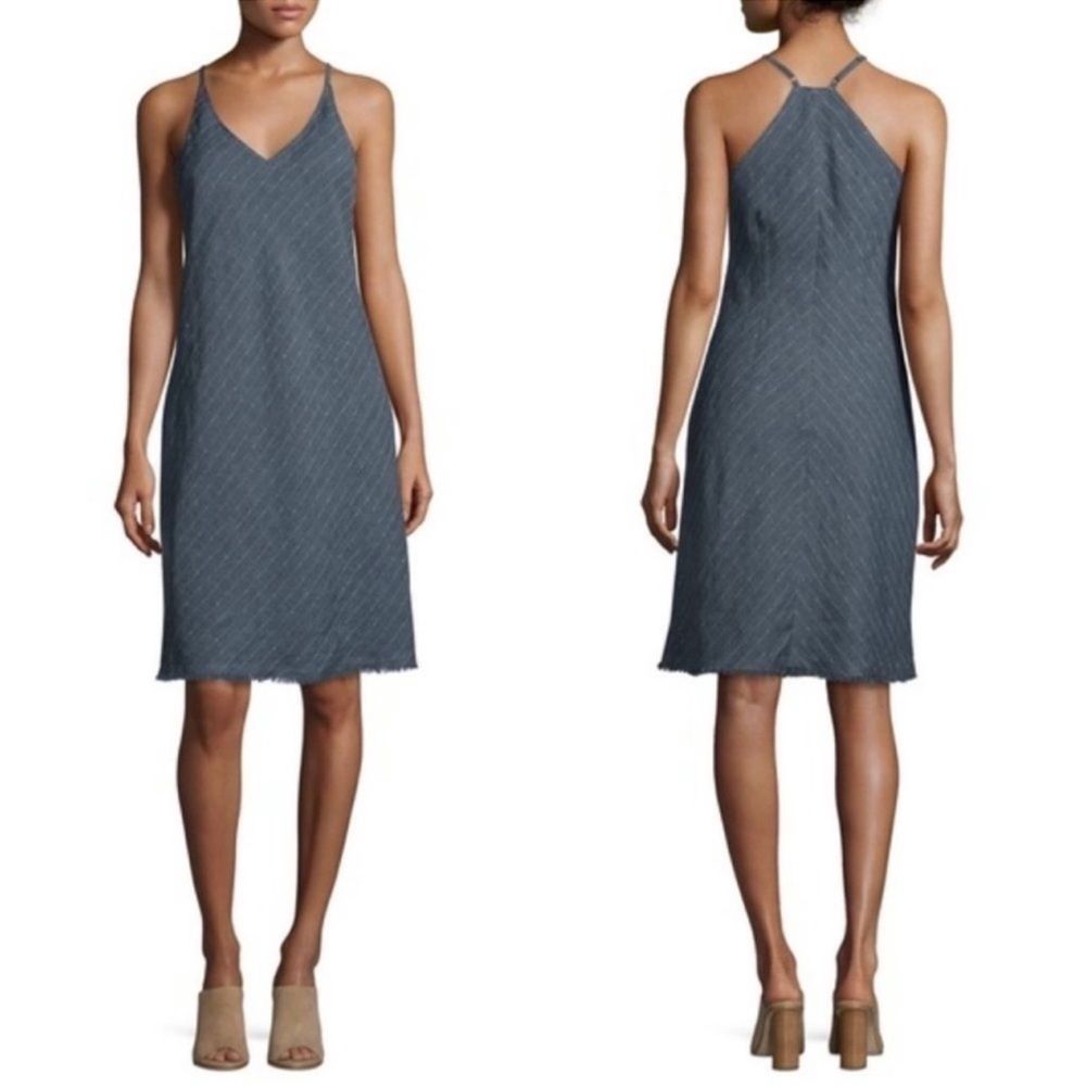 Atm Deep V Shift Linen Stripe Blue Shift Dress Xs